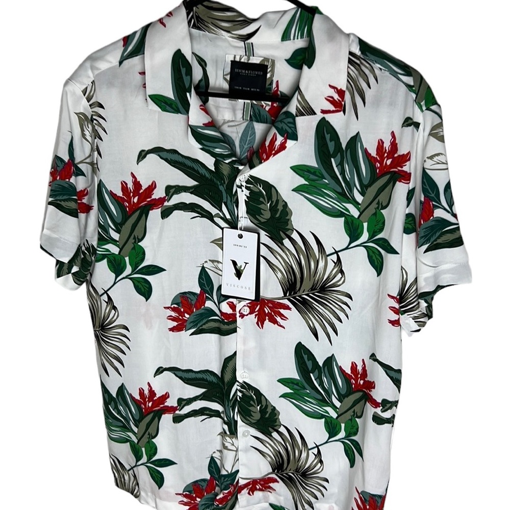 Denim & Flower Viscose White Floral Button Up Shirt Mens Size M
